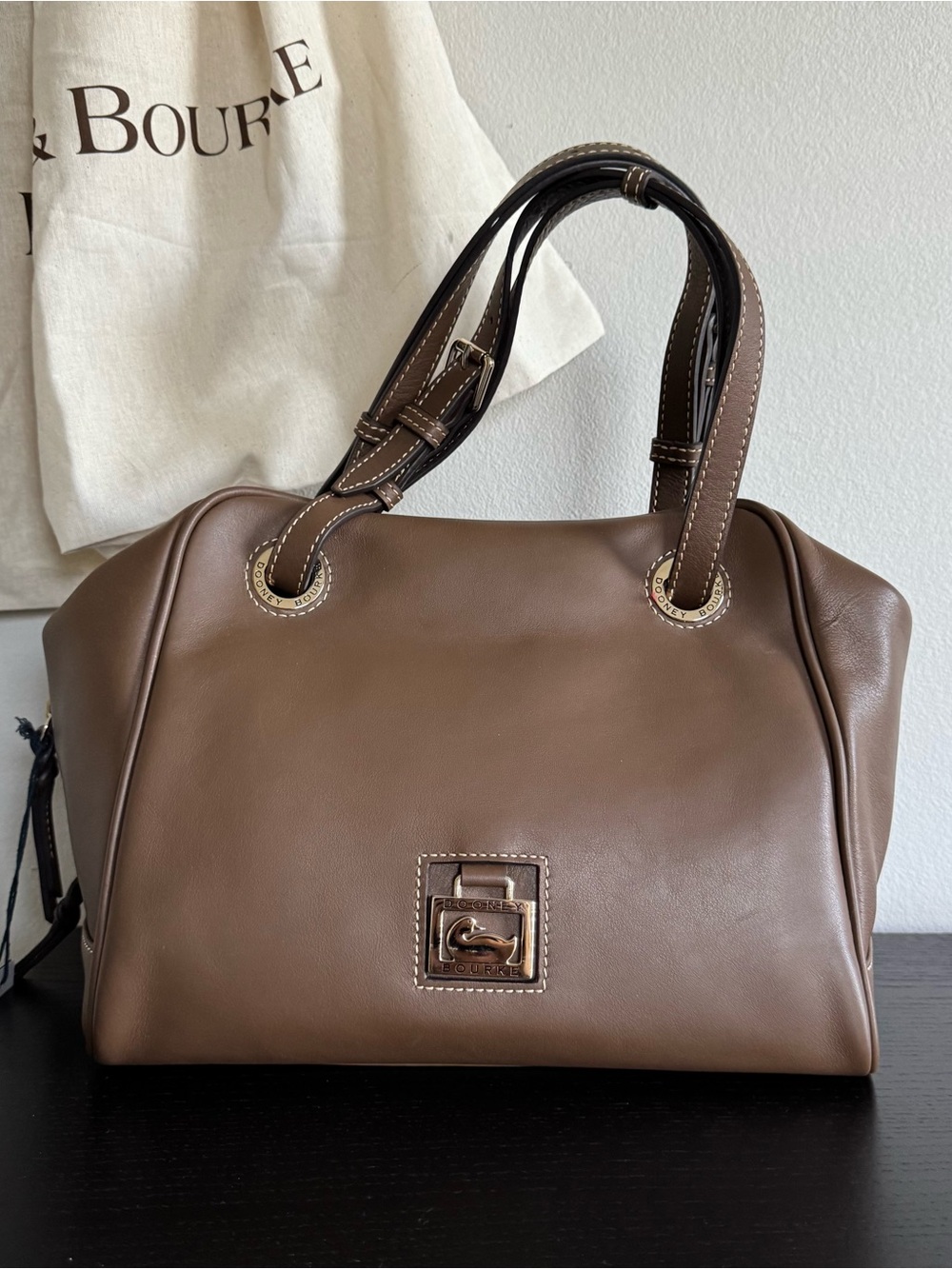 Dooney & Bourke Nubuck Leather Zip Grommet Satchel Bag Mushroom Minimalist